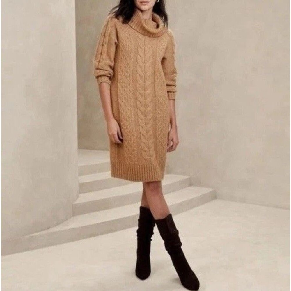 Banana Republic Tan Cowl Cable Knit Sweater Dress Wool Blend Petite Medium NWT